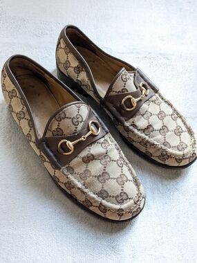 Gucci Brown Monogram Horsebit Loafers - Women's US 8.5 b Canvas Logo GG